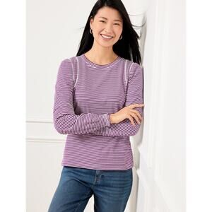 Talbots Lattice Trim Crewneck Purple White Stipe 100% Cotton Top Size Medium